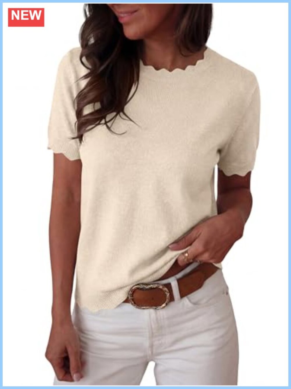 Women's Short Sleeve Crew Neck Sweater Top Scalloped Lightweight Knit Office